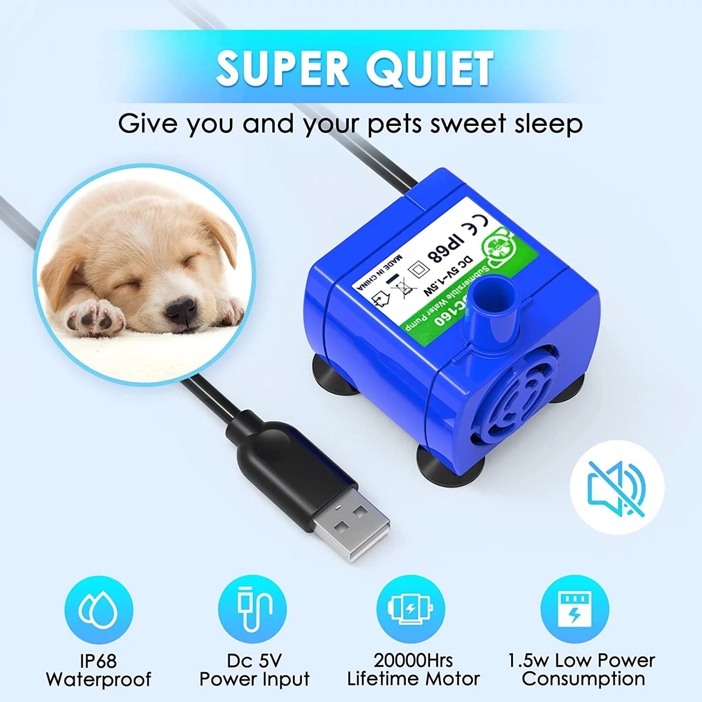 Replacement Pump for Cat Water Fountain, Ultra Quiet Long Lifespan Water Pump for Pet Water Fountain, Dog Water Bowl Dispenser For Cat & Dog