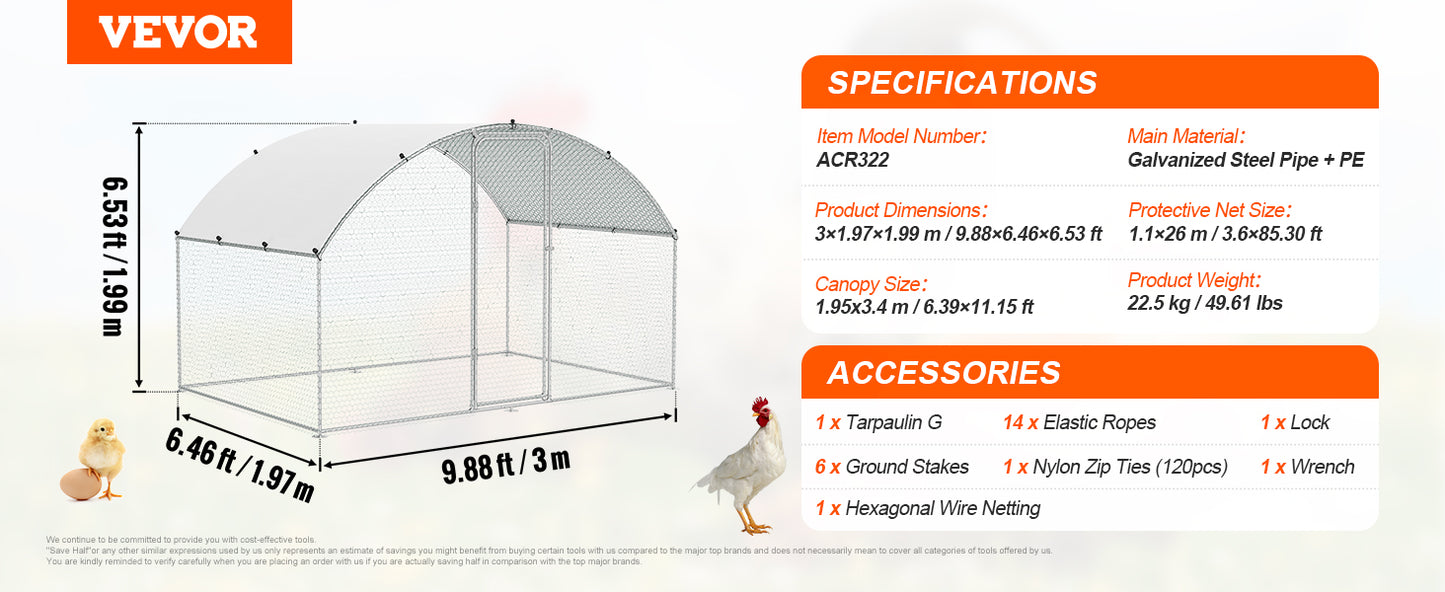 VEVOR Walk-In Chicken Coop – Large Metal Cage with Waterproof Cover (9.8'x6.5'x6.5')