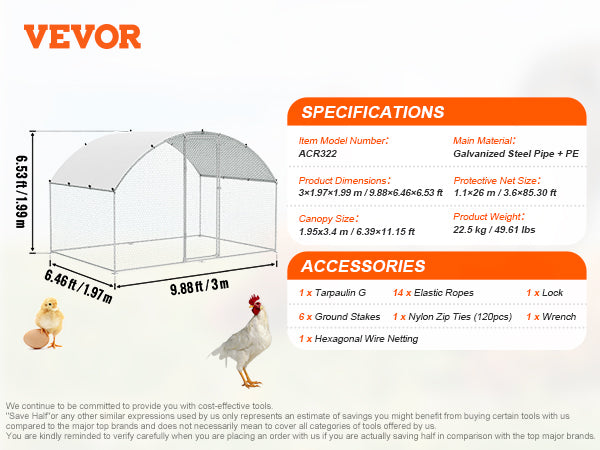 VEVOR Walk-In Chicken Coop – Large Metal Cage with Waterproof Cover (9.8'x6.5'x6.5')