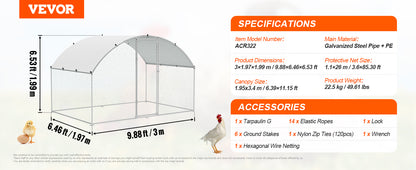 VEVOR Walk-In Chicken Coop – Large Metal Cage with Waterproof Cover (9.8'x6.5'x6.5')
