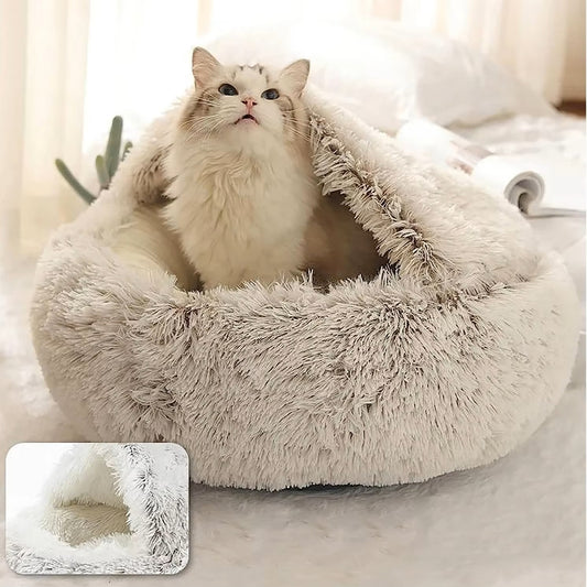 Plush Hooded Cat & Dog Bed – Fluffy 2-in-1 Nest for Small Pets