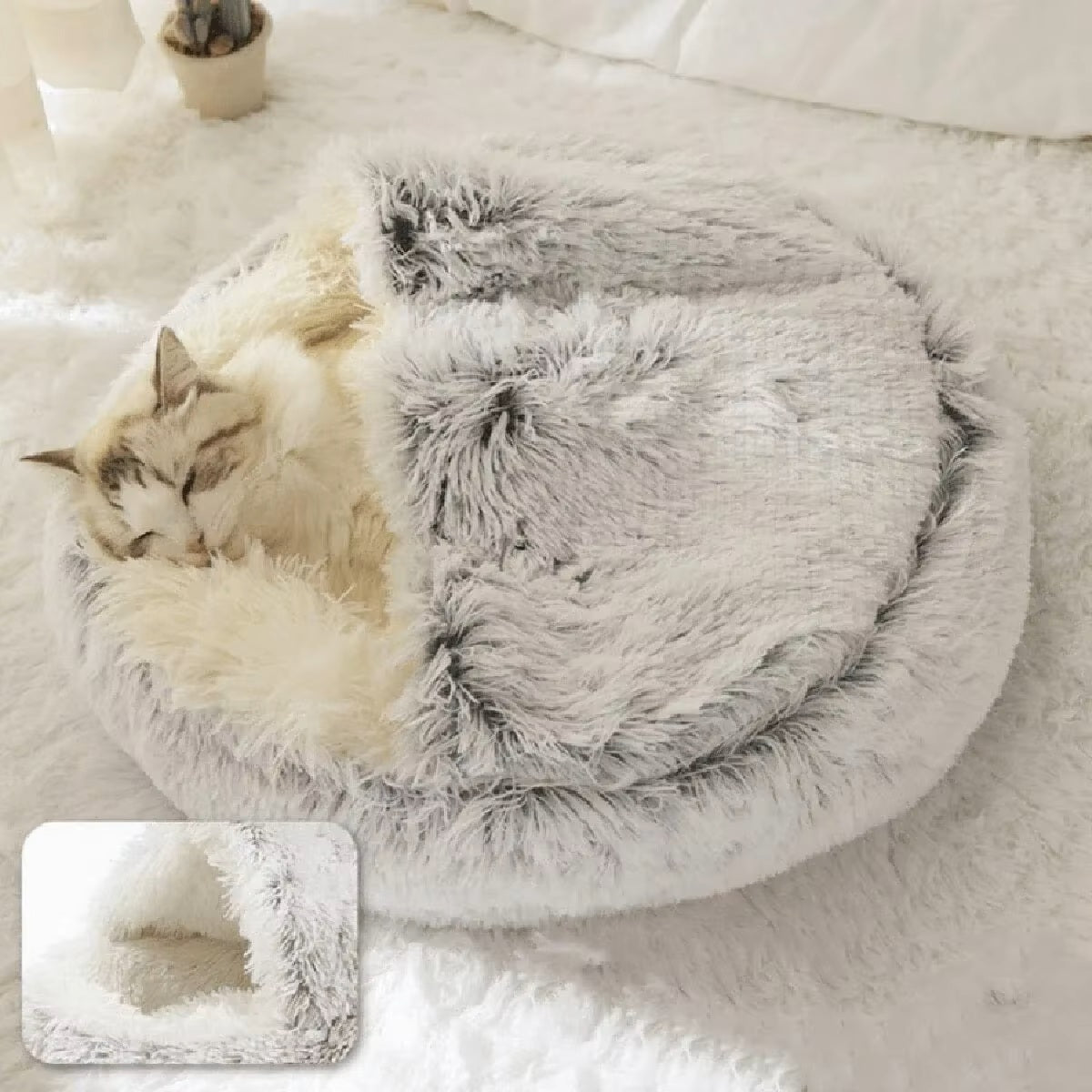 Plush Hooded Cat & Dog Bed – Fluffy 2-in-1 Nest for Small Pets