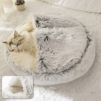 Plush Hooded Cat & Dog Bed – Fluffy 2-in-1 Nest for Small Pets