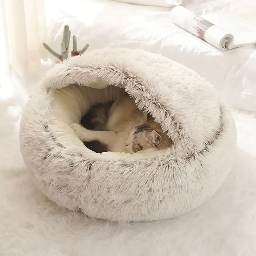 Plush Hooded Cat & Dog Bed – Fluffy 2-in-1 Nest for Small Pets