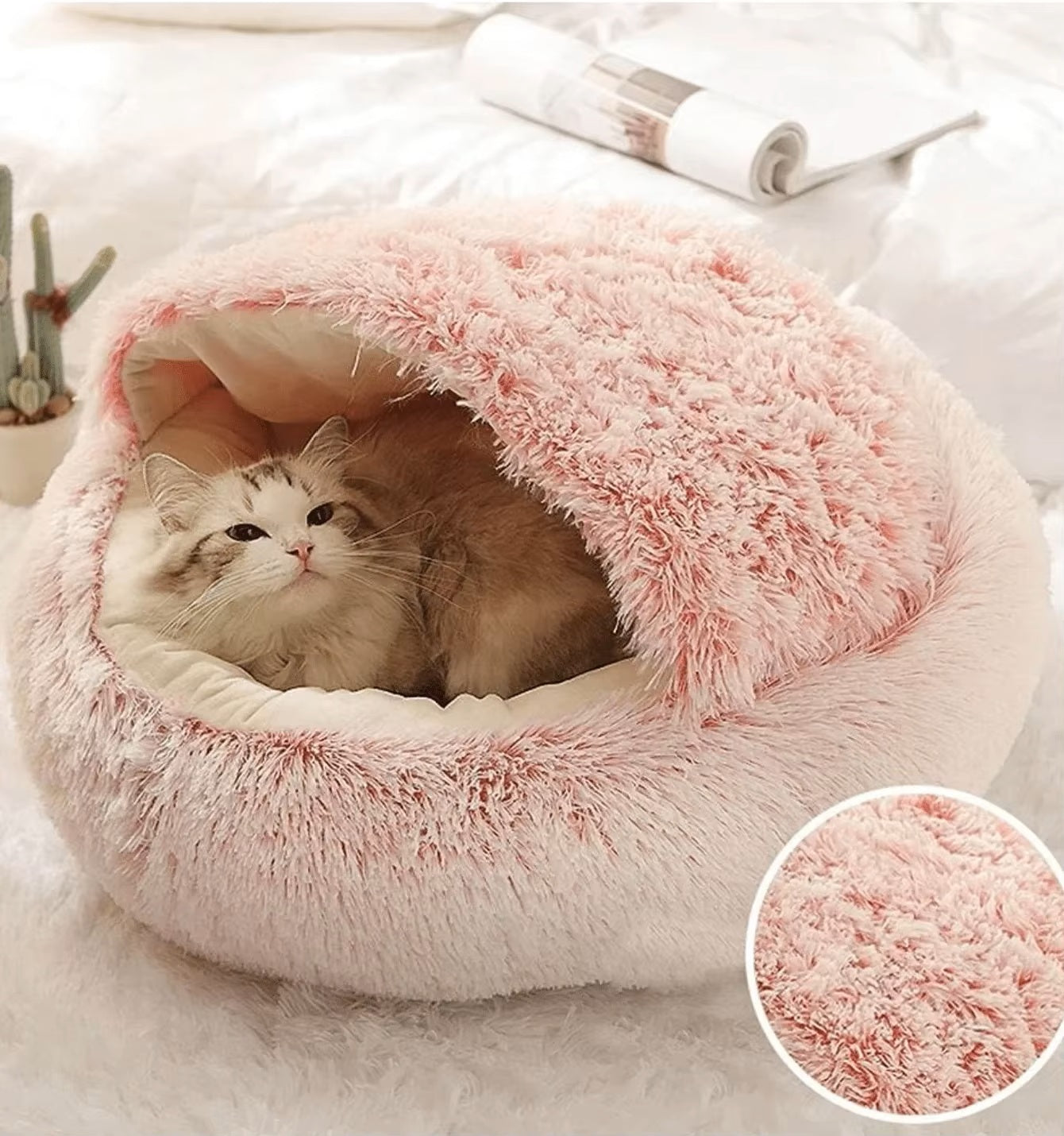 Plush Hooded Cat & Dog Bed – Fluffy 2-in-1 Nest for Small Pets