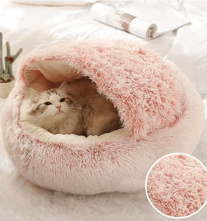 Plush Hooded Cat & Dog Bed – Fluffy 2-in-1 Nest for Small Pets